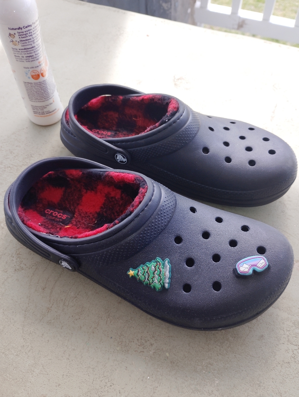 CROCS Black Clog with Red Plaid Fleece Lining and Holiday Charms